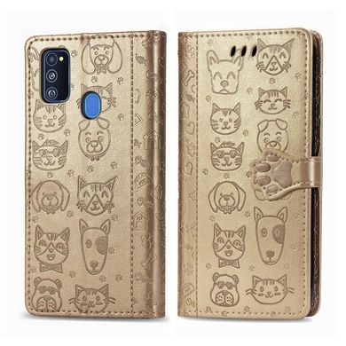 Чохол Embossed Cat and Dog для Samsung Galaxy M30s / M307 книжка шкіра PU Gold